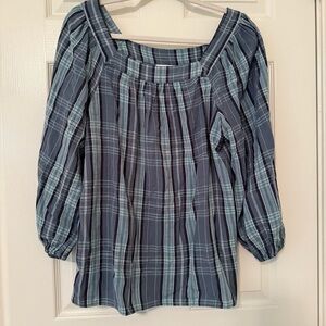 LC Lauren Conrad Blue Plaid Blouse elastic armband pleaded shoulder square neck